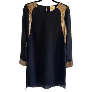 Romeo & Juliet Couture Gold Sequin Black Chiffon Shift Dress S